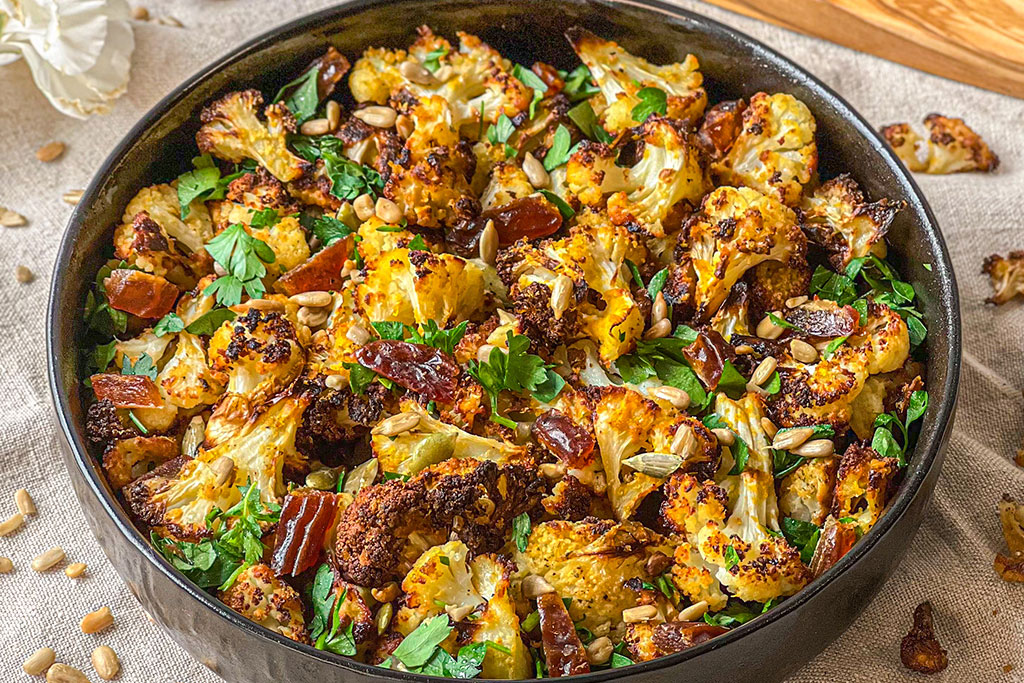 Roasted Cauliflower Salad with Dates and Tahini Sauce