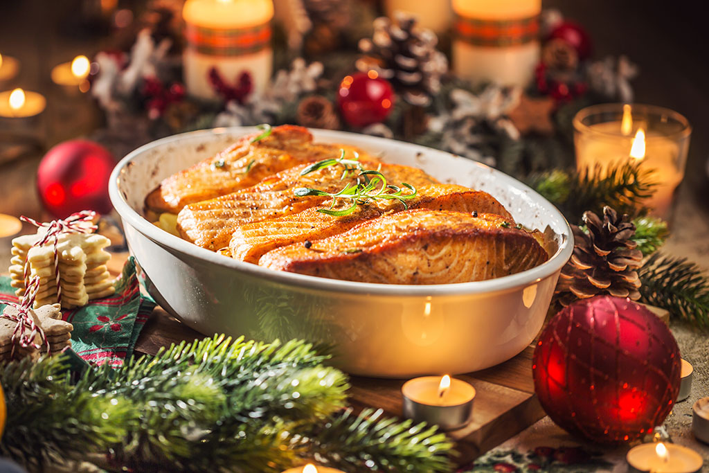 Salmon ready on table for holiday dinner